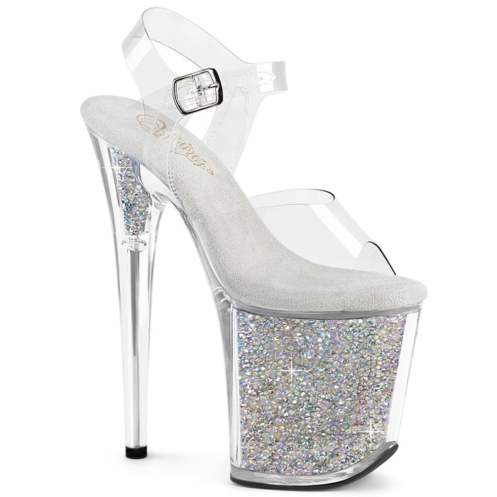 FLAMINGO-808RSI | 8 INCH CLEAR/SILVER RHINESTONE-ENCRUSTED PLATFORM ANKLE STRAP SAND