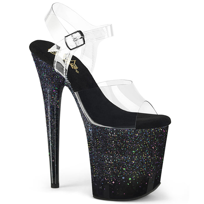FLAMINGO-808SS | 8 INCH CLEAR/BLACK GLITTER PLATFORM ANKLE STRAP SANDAL (SPIKED STILETTO)