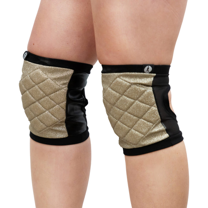GOLD GLITTER STYLE POLE DANCE KNEEPADS - GRIPPY VINYL BACK WITH STRETCH FABRIC AND PADDING