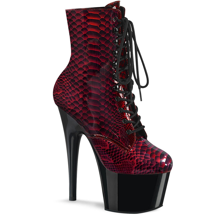 ADORE-1020SP | 7 INCH  RED SNAKE PRINT PATENT/BLACK PLATFORM MID CALF BOOT