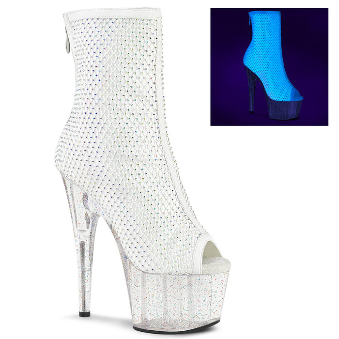 ADORE-1031GM | 7 INCH  WHITE FABRIC-RS/CLEAR PLATFORM MID CALF BOOT