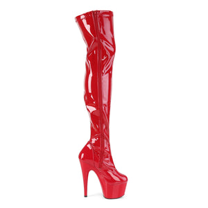 ADORE-3000 | 7 INCH  RED STRETCH PATENT/RED PLATFORM THIGH HIGH BOOT