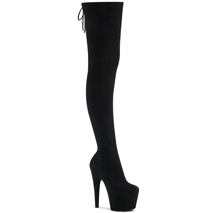 ADORE-3008 | 7 INCH  BLACK STRETCH FAUX SUEDE/BLACK FAUX SUEDE PLATFORM THIGH HIGH BOOT