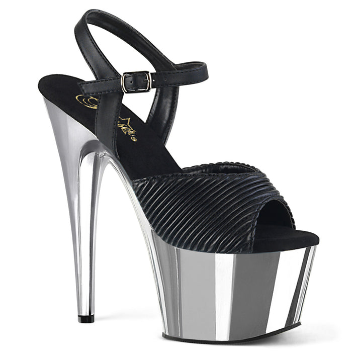 ADORE-709 | 7 INCH  BLACK QUILTED FAUX LEATHER/SILVER CHROME PLATFORM HEEL