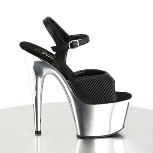 ADORE-709 | 7 INCH  BLACK QUILTED FAUX LEATHER/SILVER CHROME PLATFORM HEEL