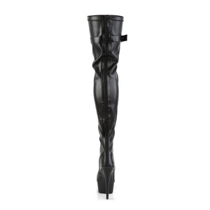 DELIGHT-3025 | 6 INCH  BLACK STRETCH FAUX LEATHER/BLACK MATTE PLATFORM THIGH HIGH BOOT
