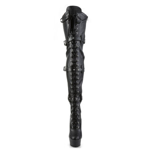 DELIGHT-3028 | 6 INCH  BLACK STRETCH FAUX LEATHER/BLACK MATTE PLATFORM THIGH HIGH BOOT