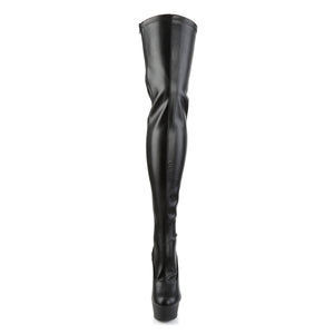 DELIGHT-3063 | 6 INCH  BLACK STRETCH FAUX LEATHER/BLACK PLATFORM THIGH HIGH BOOT