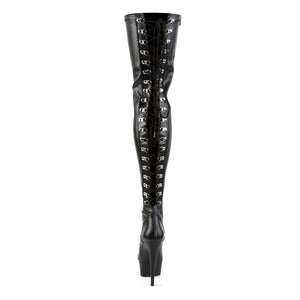 DELIGHT-3063 | 6 INCH  BLACK STRETCH FAUX LEATHER/BLACK PLATFORM THIGH HIGH BOOT