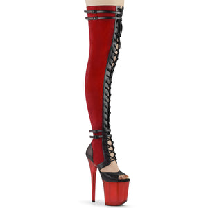FLAMINGO-3027 | 8 INCH  RED FAUX SUEDE-BLACK FAUX LEATHER/FROSTED RED PLATFORM THIGH HIGH BOOT
