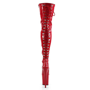 FLAMINGO-3063 | 8 INCH  RED STRETCH PATENT/RED PLATFORM THIGH HIGH BOOT