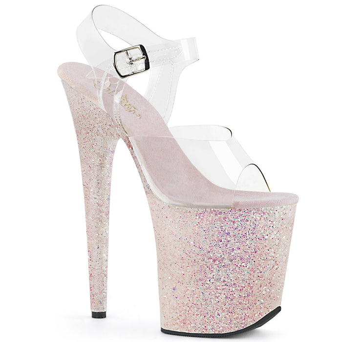 FLAMINGO-808LG | 8 INCH  CLEAR/OPAL MULTI GLITTER PLATFORM HEEL