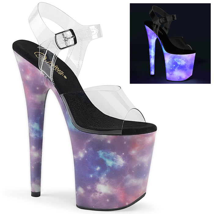 FLAMINGO-808REFL | 8 INCH  CLEAR/PURPLE-BLUE REFLECTIVE PLATFORM HEEL