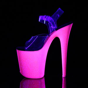 FLAMINGO-808UVG | 8 INCH  CLEAR/NEON HOT PINK GLITTER PLATFORM HEEL