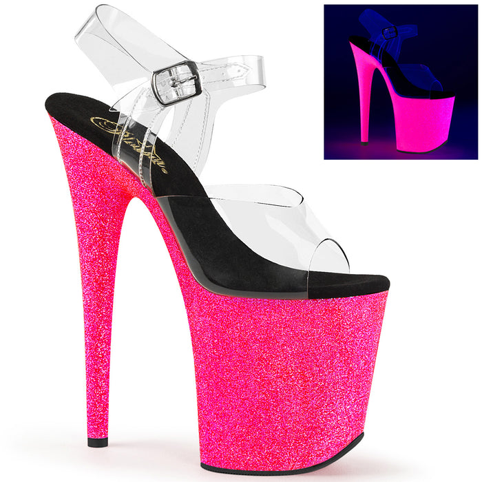 FLAMINGO-808UVG | 8 INCH  CLEAR/NEON HOT PINK GLITTER PLATFORM HEEL