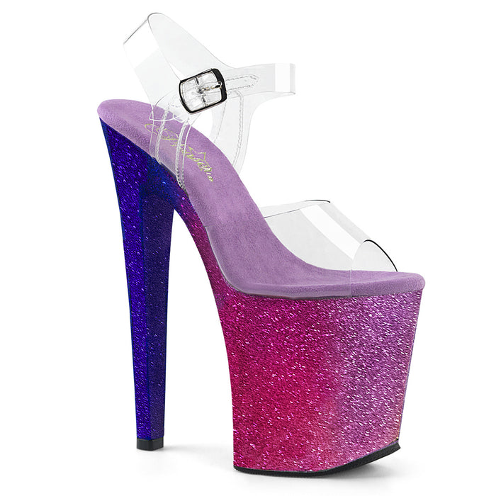 XTREME-808OMBRE | 8 INCH  CLEAR/FUCHSIA-BLUE OMBRE PLATFORM HEEL